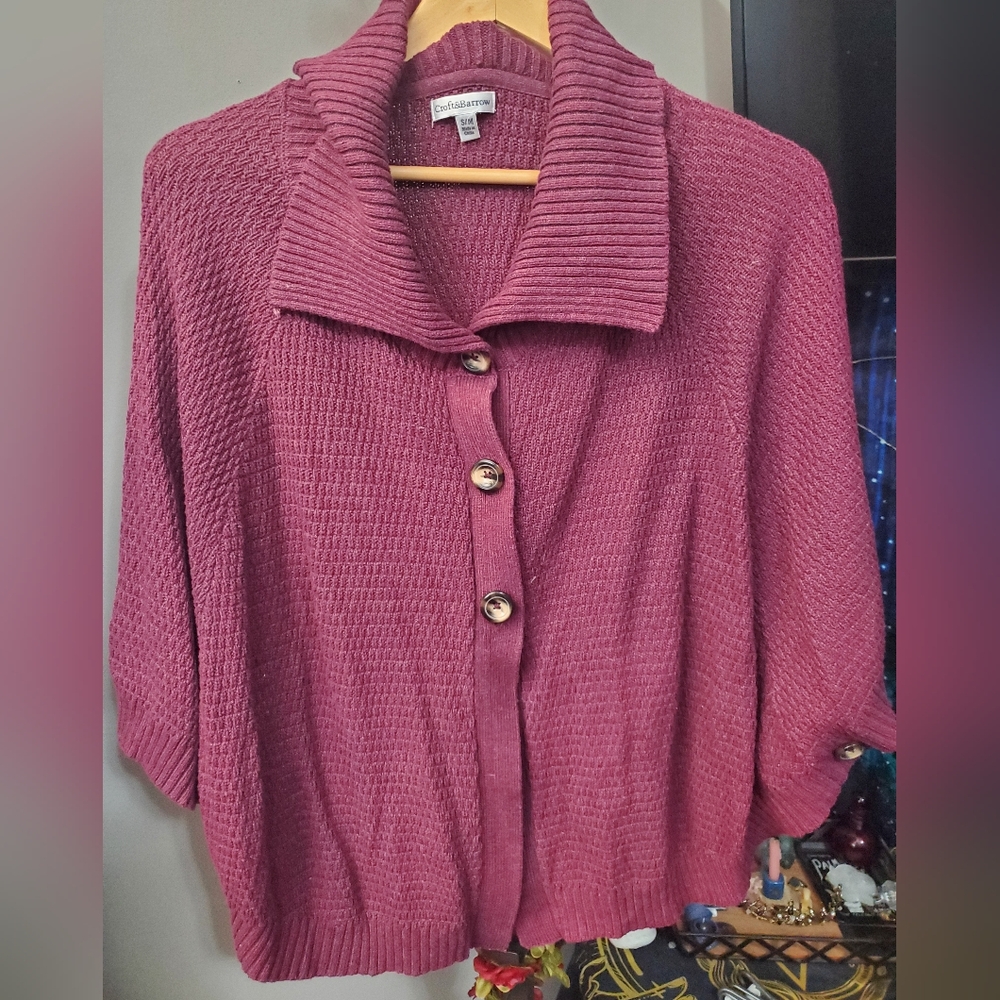 Croft & Barrow Raspberry Cardigan Sweater with 3/4 Sleeves Size S/M